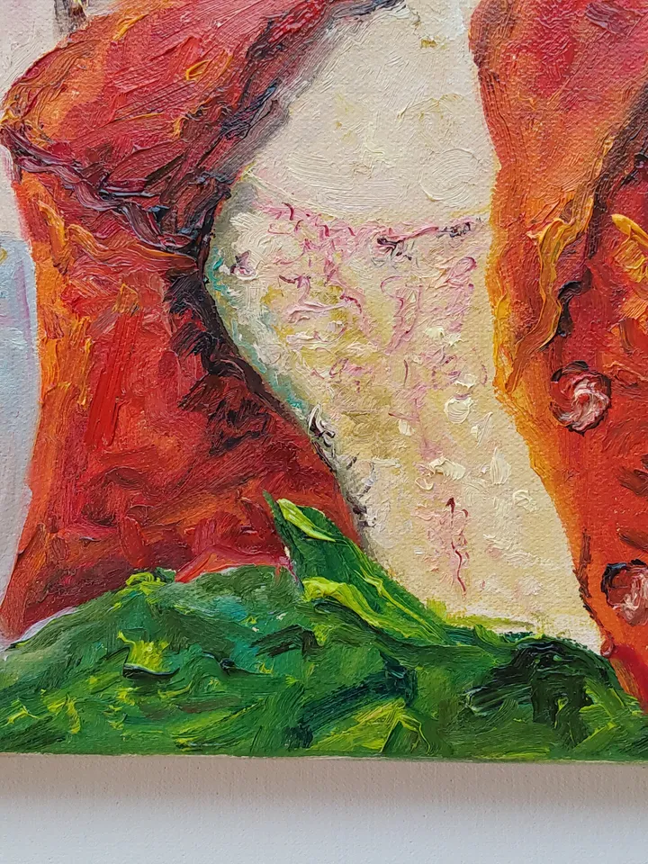 "Street cafe. Woman in red" oil painting on canvas 50x50cm (20x20 inch)