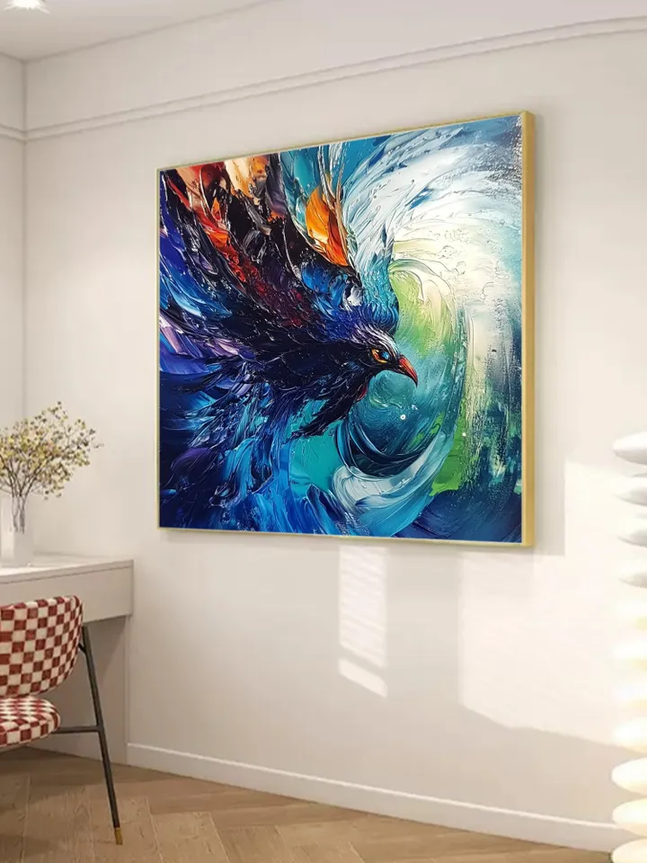 Hand-Painted Abstract Oil Painting | Vibrant Blue Bird in Motion | Stunning Wall Art with Bold Colors for Living Room Decor