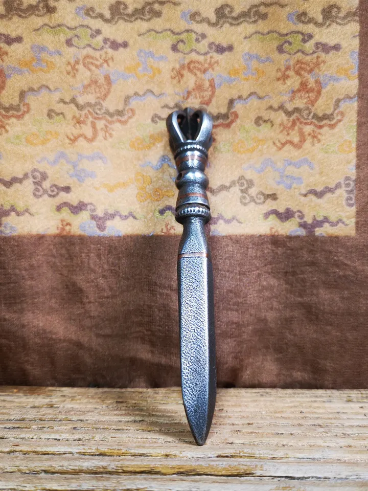 Gandhanra Handmade Tibetan Buddhist Ritual Implement - Kila -Dorje Phurba,Made of Cold Iron inlaid with Copper,5.1&quot;