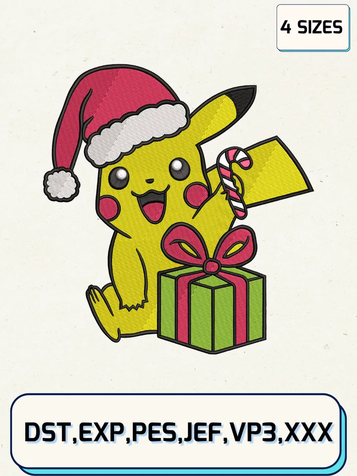 Pikachu Santa Hat Christmas Embroidery Design,Christmas Embroidery Designs,Machine Embroidery Files,Pikachu Embroidery Design,4 Sizes