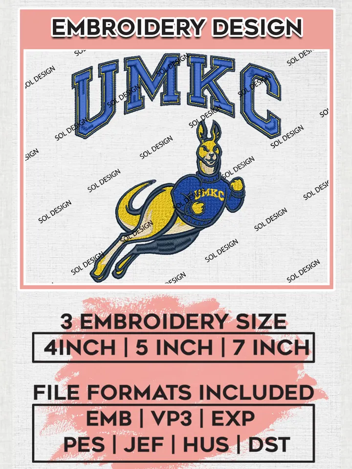 UMKC Roos Football Team Kangaroo Mascot Logo Embroidery Design Files, NCAA Kansas City Roos Machine Embroidery, NCAA Teams, Game Day, 3 sizes, NCAA Machine embroidery designs, Digital Download