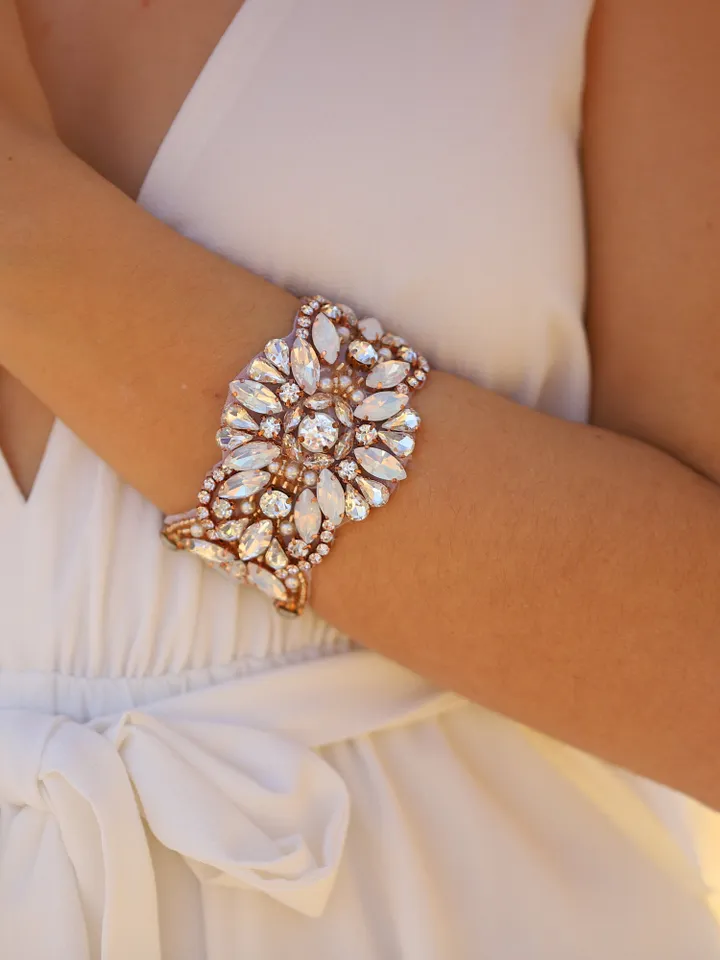Rose Gold Opal Bridal Cuff, Crystal Wedding Cuff, Crystal Bridal Bracelet, Rhinestone Cuff Bracelet, Vintage Wedding Jewelry, Boho Jewellery
