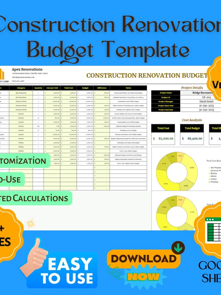 Construction Renovation Budget Template, Editable Google Sheets Digital Download, Easy-to-Use Project Cost Tracker, Home Renovation Planner