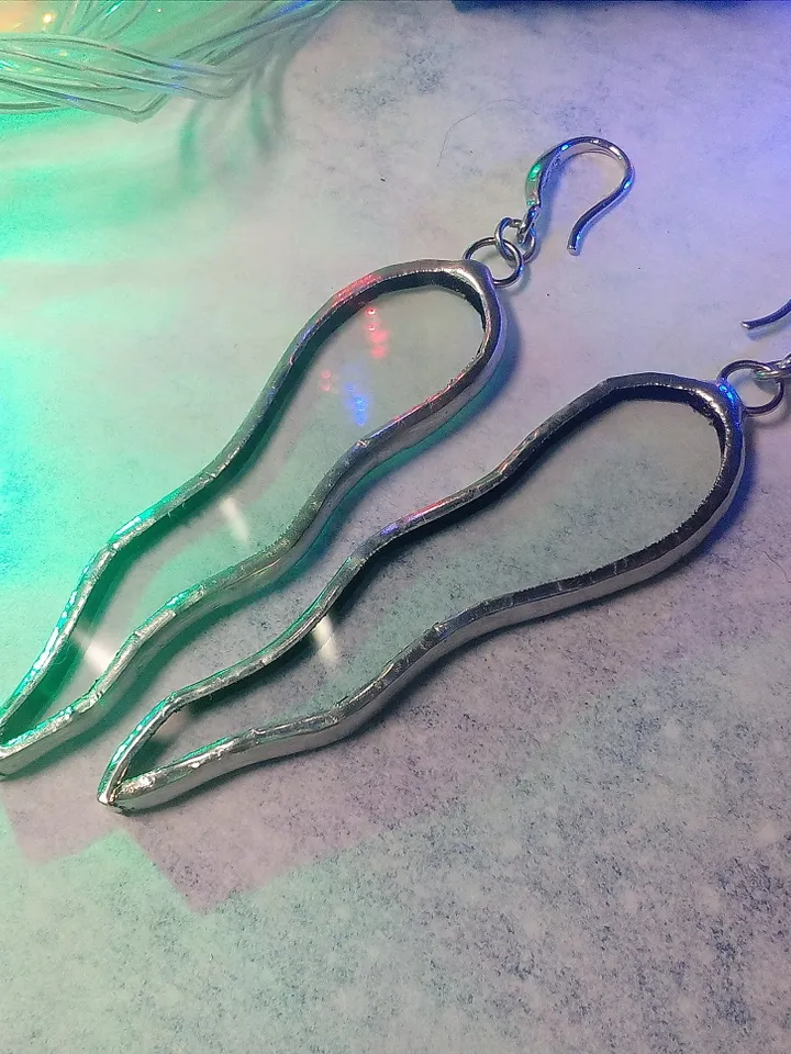 Octopus tentacle earrings, clear glass Dangle earrings, simple stained glass, Wavy curved earrings