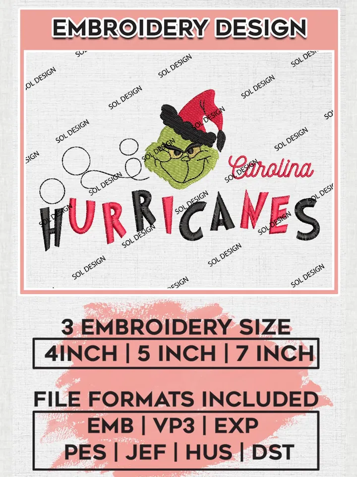 Grinch Carolina Hurricanes Embroidery Designs, Grinch Christmas Embroidery Files, NHL Hurricanes Machine Embroidery Designs, NHL Carolina Hurricanes Logo, NHL Christmas Machine Embroidery Design, Digital Download