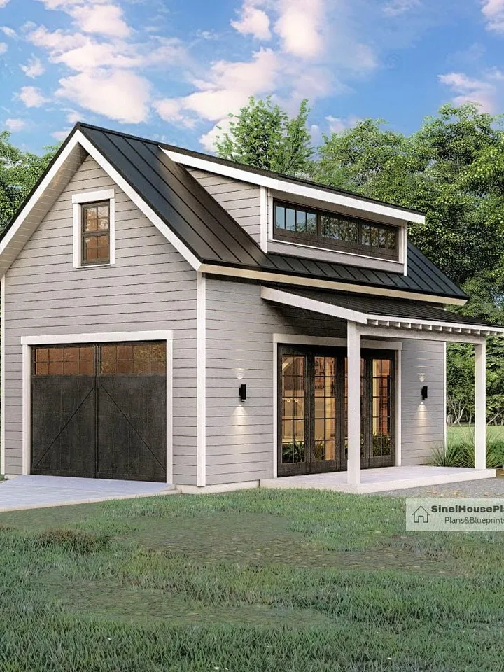 1-Car Detached Garage Plan with Loft and Covered Porch on the Side