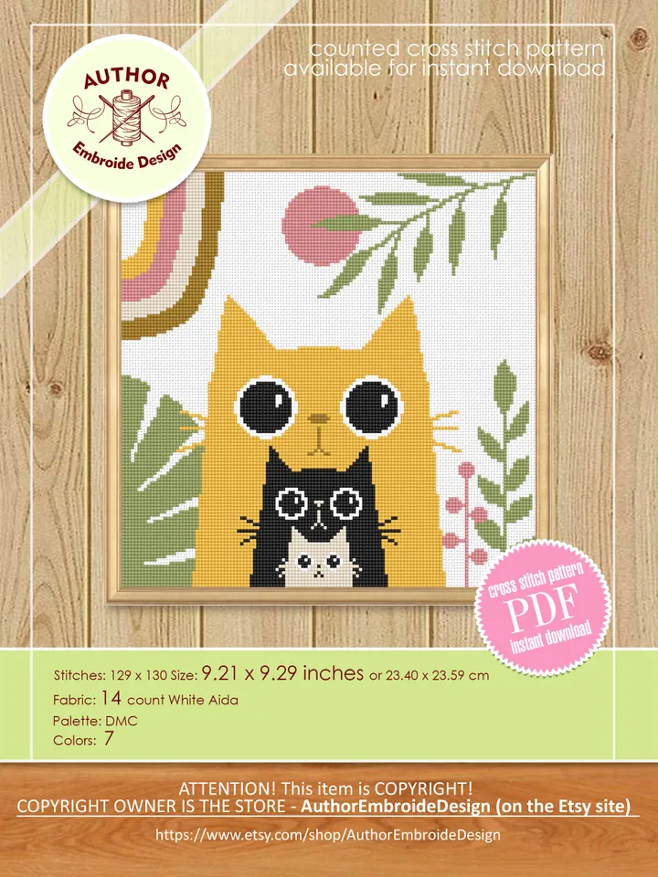 Boho cat cross stitch pattern PDF download Boho cross stitch chart, Abstract nature pattern digital PDF, Boho floral, Cat lover gift #K37