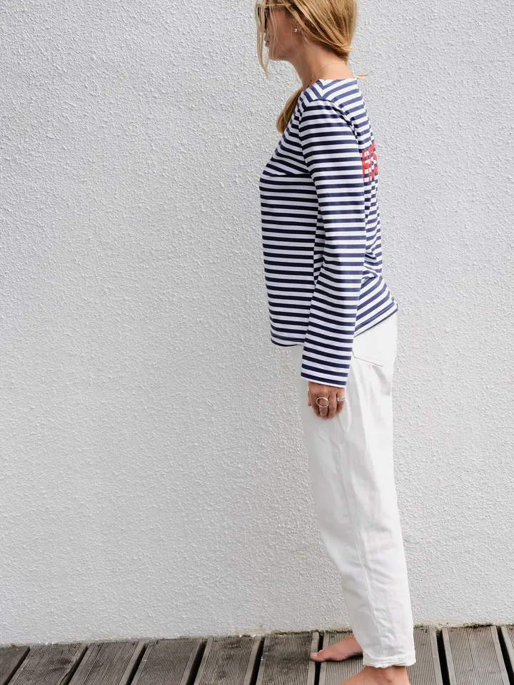 Cotton Mariniere longsleeve shirt | blue striped boat neck top | Blue and White women sweatshirt | Classic Sailor Shirt With Hedonist print