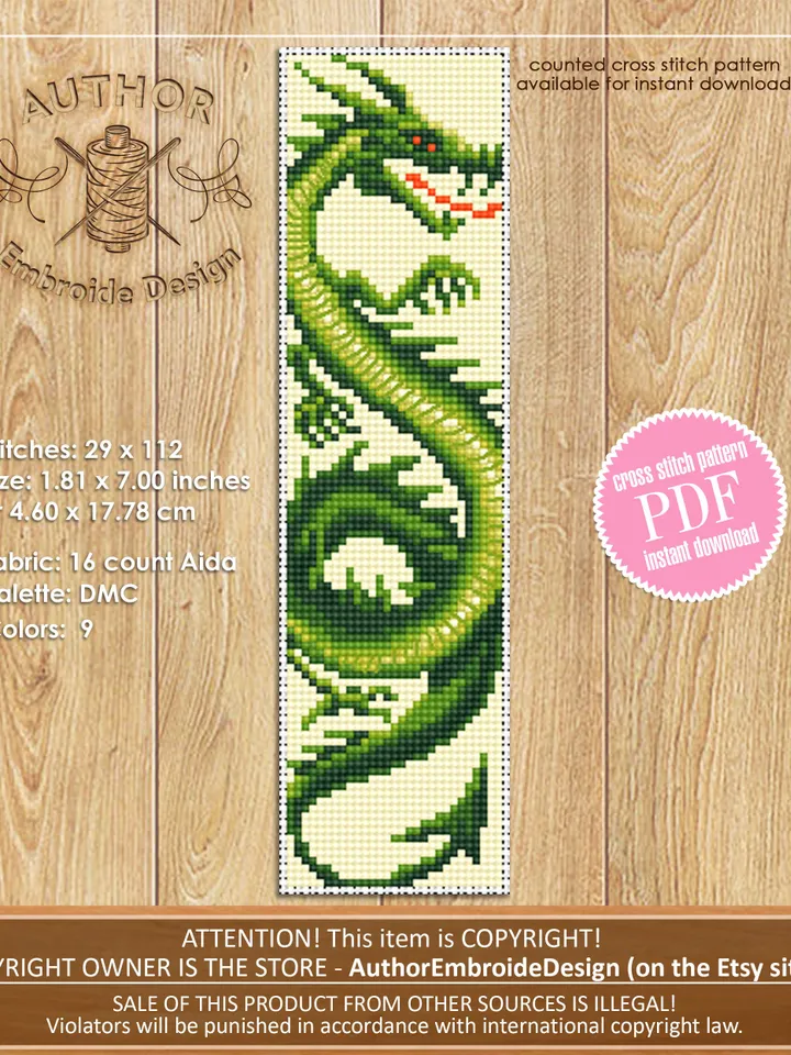 Dragon bookmark cross stitch pattern PDF download Fantasy green dragon cross stitch chart, Chinese dragon pattern, Chinese New Year #B210