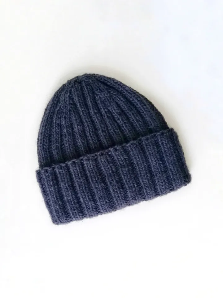Exquisite Handmade Dark Blue Men's Warm Winter Beanie - Cozy Alpaca-Merino Wool Blend Knit Hat with Ribbed Texture. FREE SHIPPING!