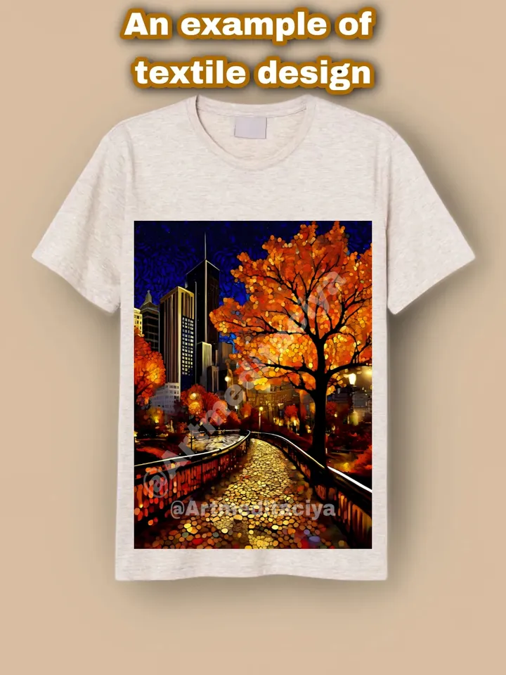 Modern digital painting "Autumn New York" is an abstraction of the night city in a bronze-gold shade with gray-blue, yellow-orange black inclusions in the Zenart style, pointillism, interior painting