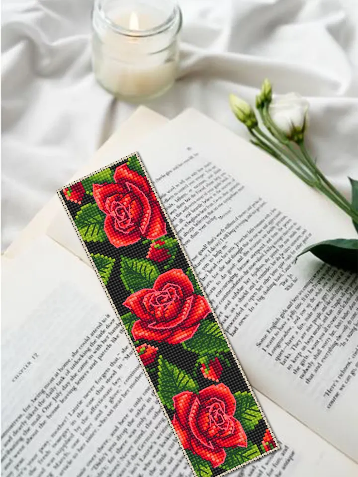 Flower bookmark cross stitch pattern PDF download Red rose cross stitch chart, Handmade bookmark digital PDF, Cute bookmark for women #B213