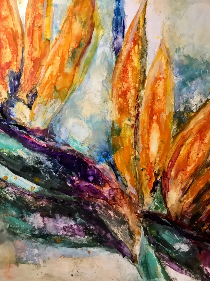 Bird of paradise flower, strelitzia flower original watercolour mix media painting on yupo paper,one of a kind painting,gift,wall art.
