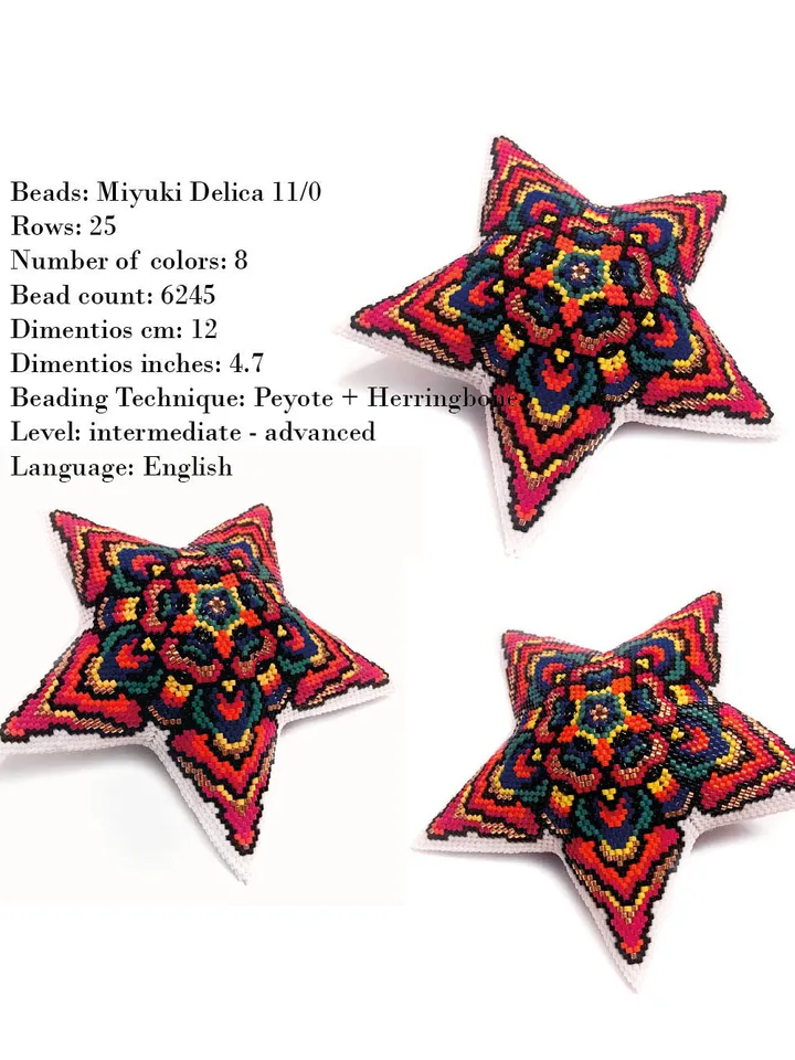 Beaded Star, Arabesque Seed Bead Pattern, Peyote Stitch, Multi Colour Ornament for Christmas Tree