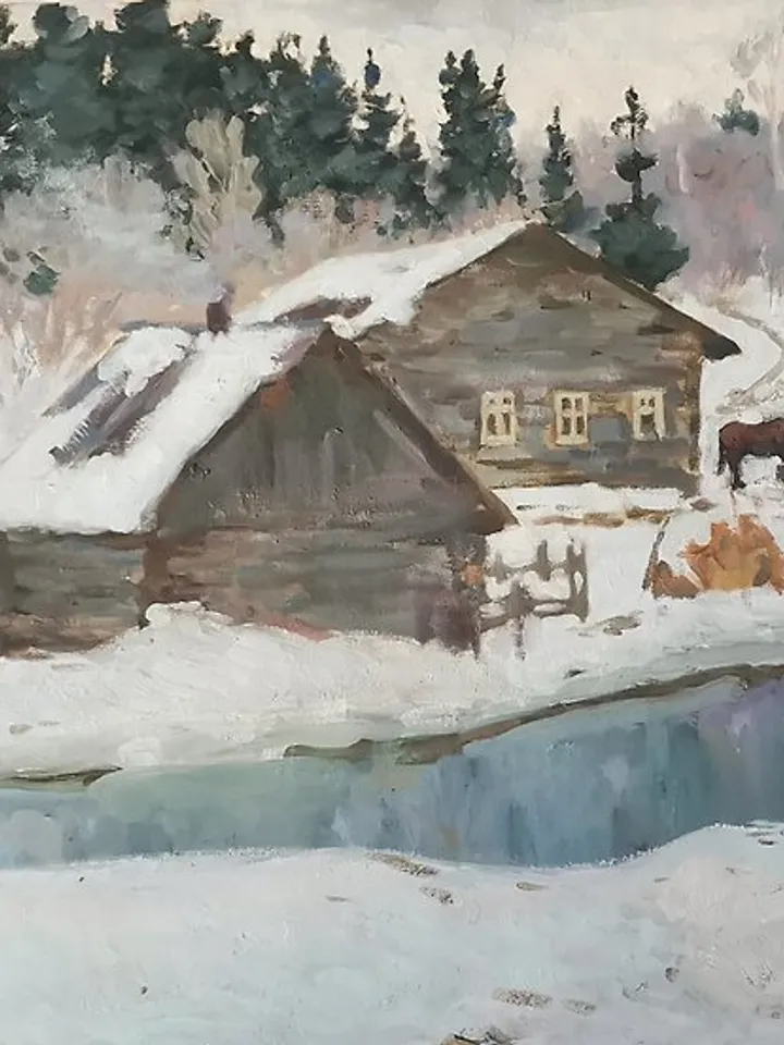 Farm House Painting Original Art Canvas Art Landscape Winter 微型油画
