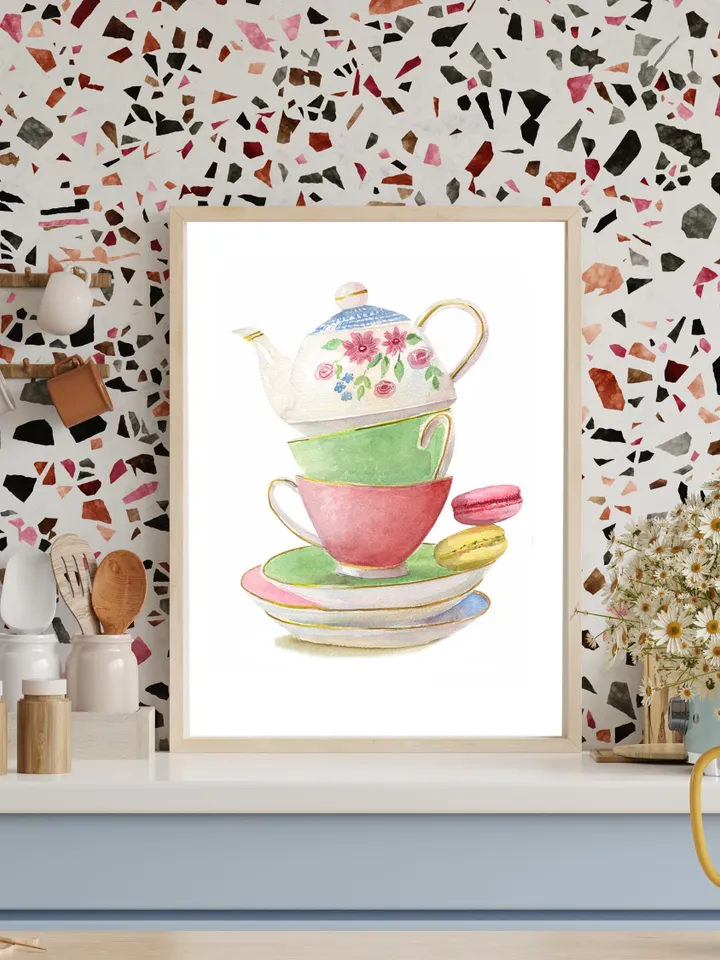 Tea cups, Kitchen Art, Wall Art, Kitchen Wall Decor, Vintage Tea Cup, Gift For Tea Lovers, Tea Party Decor ,Watercolor Art Print Tea Poster