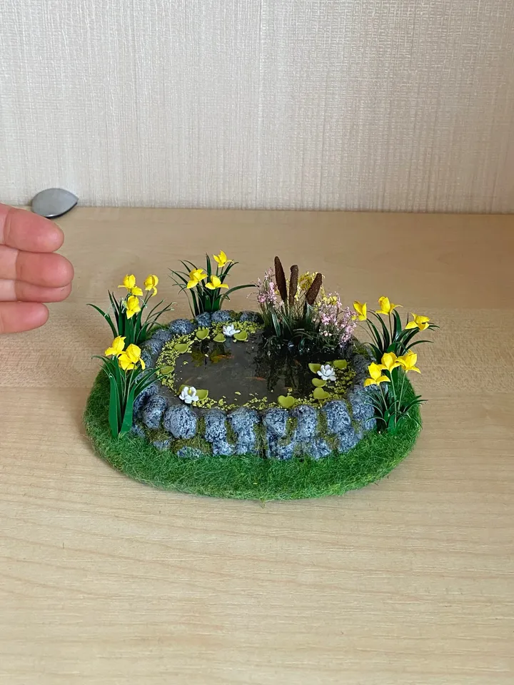 Miniature pond with goldfish. Dollhouse miniature. 1:12. Handmade pond. Pond with irises and fish.