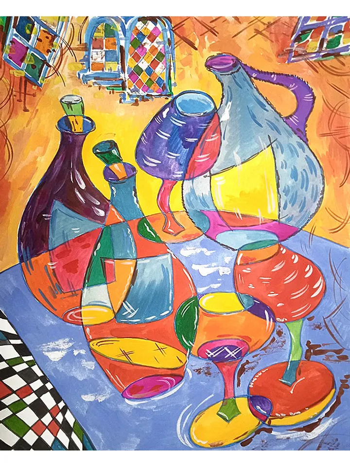 Kandinsky Style Painting Still Life Original Art Abstract Artwork Bottle Painting 14.5 by 11.5 Above Sofa art by TatianaArtShop