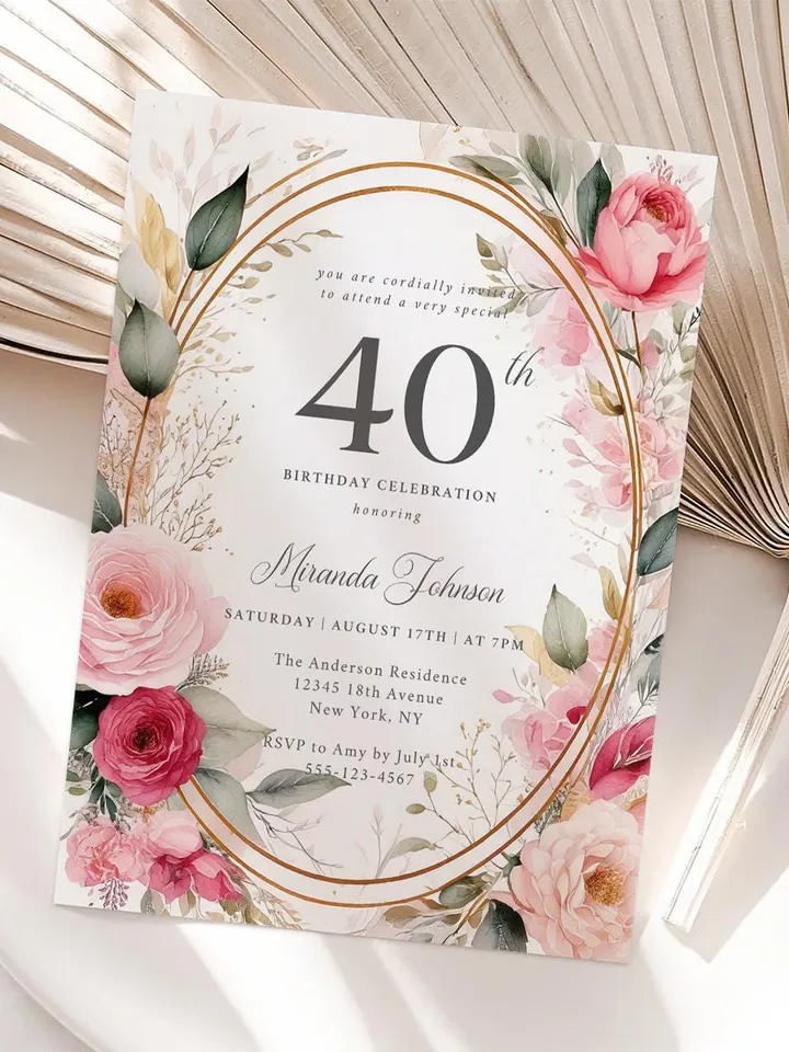 40th Birthday Invitation for Women – Blush Pink & Gold Floral, Elegant Printable Party Invite for Wife or Mother, Digital Canva Template