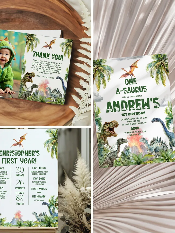 Dinosaur 1st Birthday Invitation Bundle, Dinosaur Birthday Invite, 1st Birthday Boy, Dino Party Decorations Printable, Dino Birthday - i100