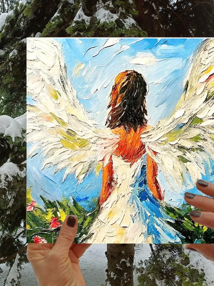 Angel Oil Painting Angel Wings Impasto Original Fine Art Woman Angel Wall Art Decor Christmas Gifts by ArtProkopaloSv