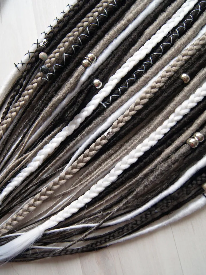 Smooth Dreadlock Extensions Set Synthetic Dreads Statement hair in Natural Brown and White Gray Shades, Boho Dreadlock Hair Extensions