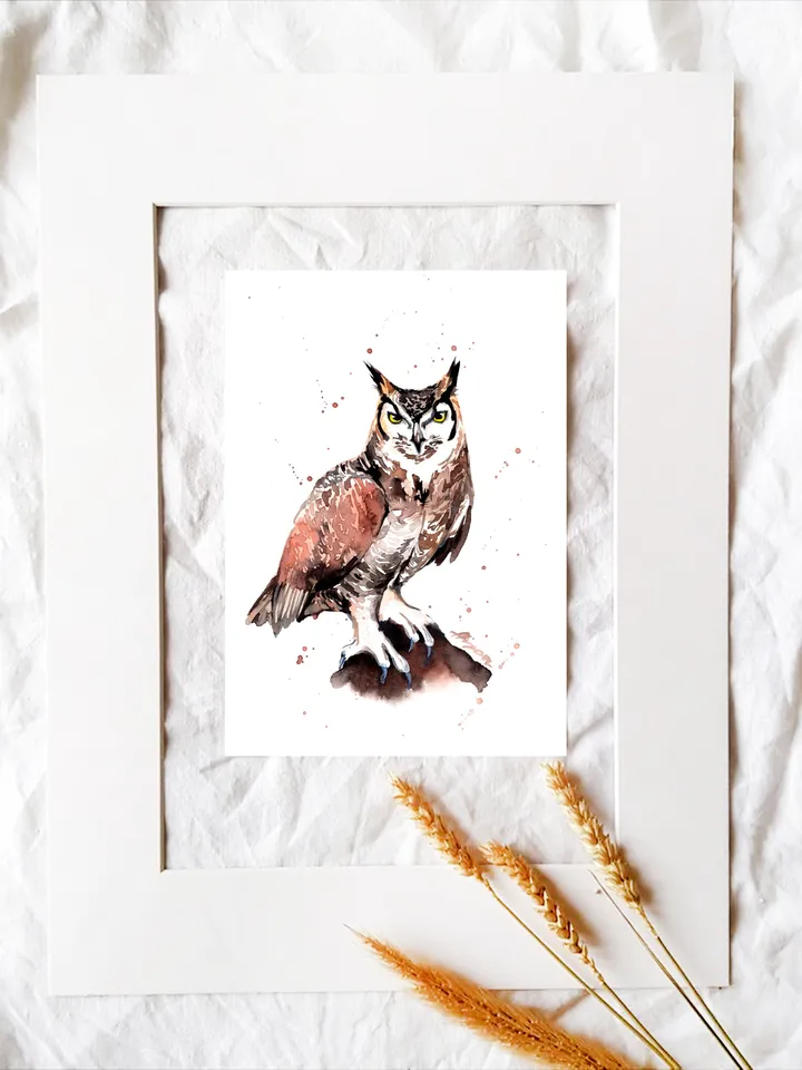 Owl Original watercolor, bird painting, wall decor, birds lover gift, 8x11 in handmade art by Anne Gorywine