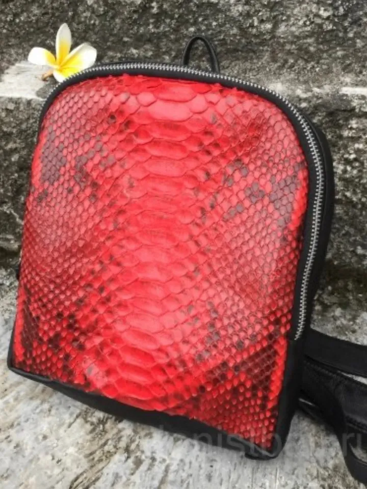 Genuine python skin small backpack | leather backpack red snake print| small designer rucksack | Exotic leather bags | Women handmade bags