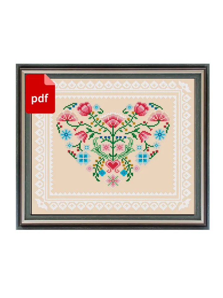 Lace flower heart cross stitch pattern, vintage floral cross stitch pattern