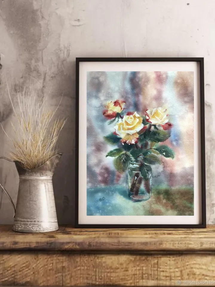 Roses Original Painting Flowers Watercolor Floral Wall Art Blooming Painting