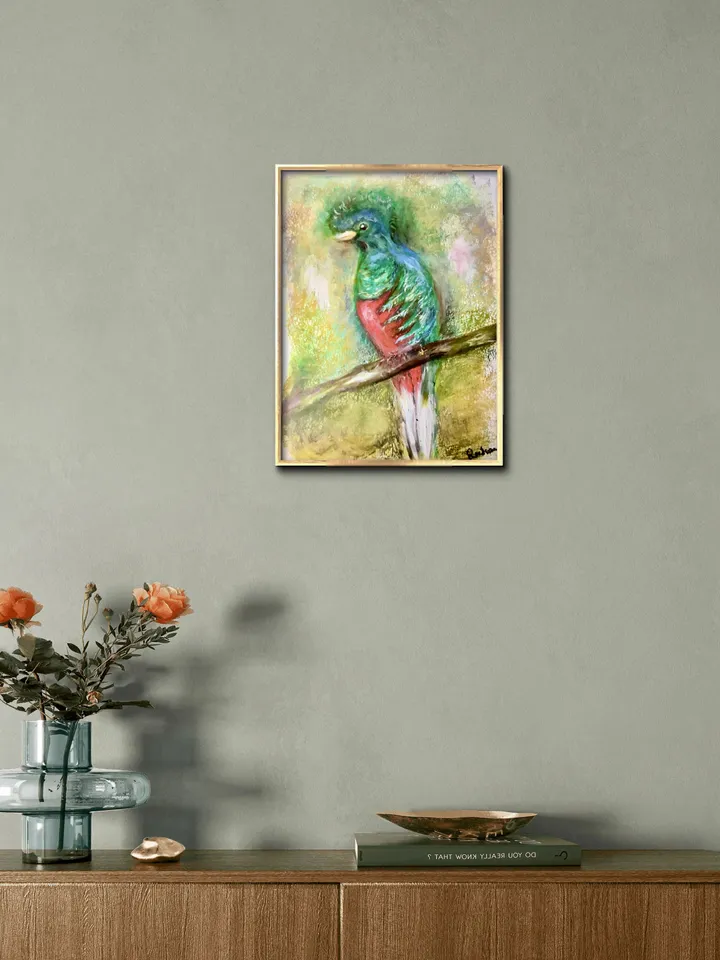 Quetzal bird,original oil pastel painting,exotic birds painting,colourful oil pastel painting,affordable art,wall decoration gift.