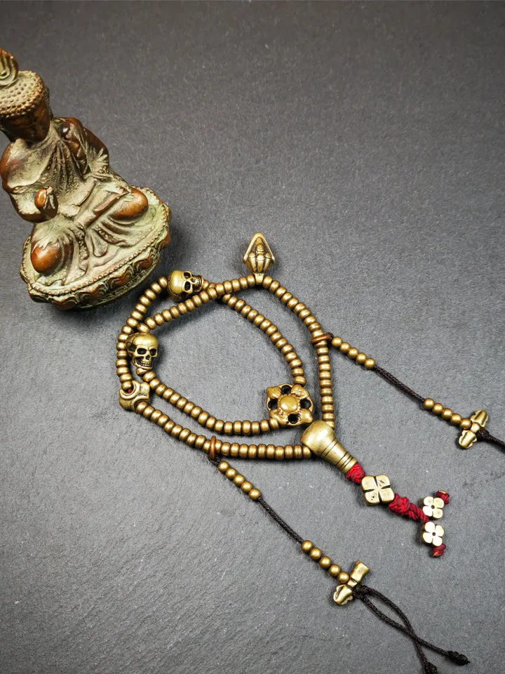 Gandhanra Handmade Tibetan Mala,Made of Lima Brass ,Old 108 Prayer Beads Necklace with Counters,Tibetan Rosary for Meditation,15"