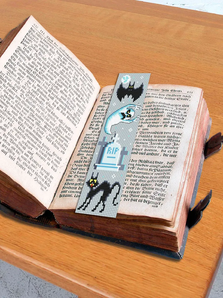 Halloween bookmark cross stitch pattern PDF download Ghost cross stitch chart, Handmade bookmark pattern digital, Black cat embroidery #B219
