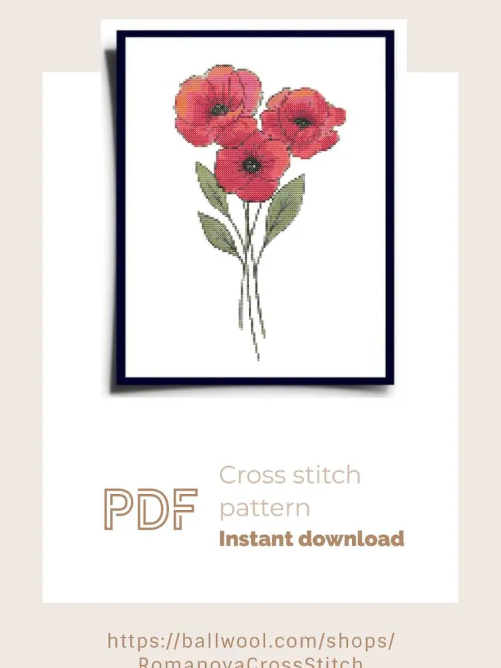 Poppies cross stitch PDF pattern, Flowers embroidery design, Instant download
