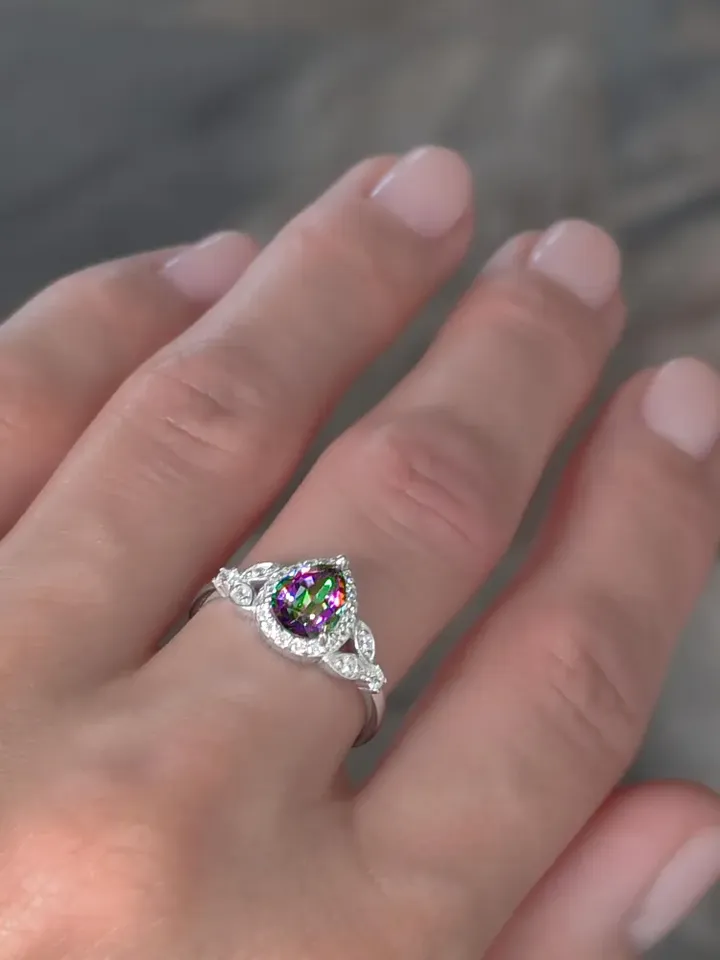 Ring silver 925 assay value rhodium plated with quartz mystic and cubic zirconia