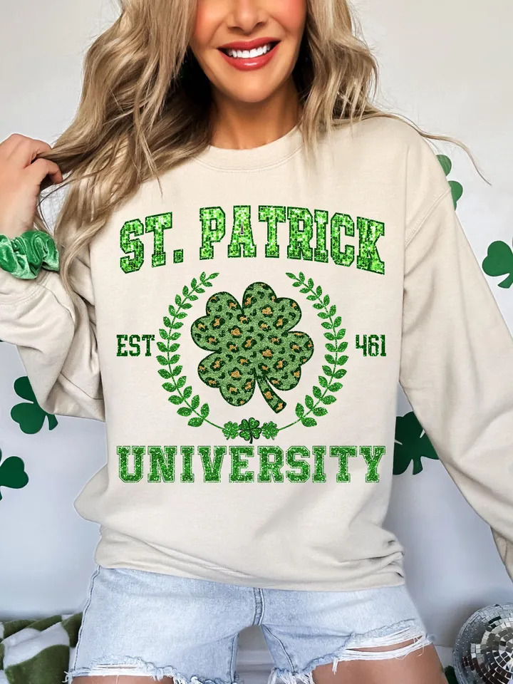 Faux Sequin St. Patrick University Png, St Patty's Faux Clover png, St Patricks Day Green Glitter Png, Shamrock png, trendy st patrick