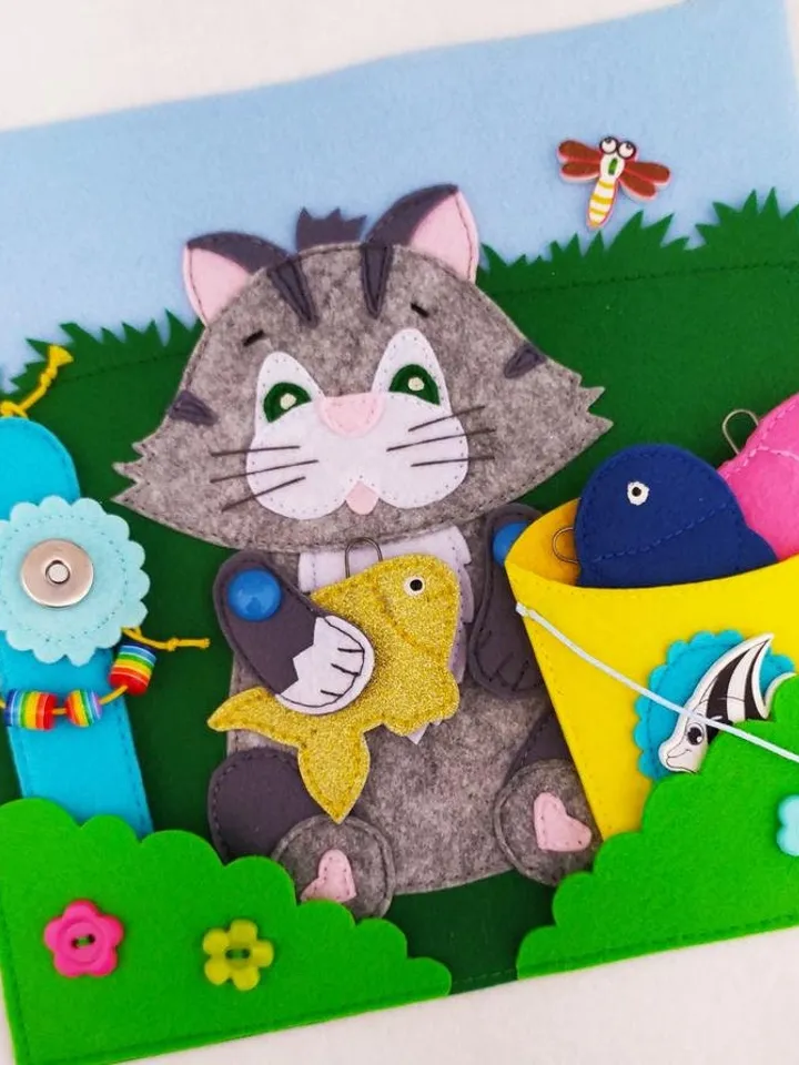 Cat and Fish quiet book PDF pattern & tutorials, Felt activity book for kids, Fishing quiet book template, Felt book ideas for toddler