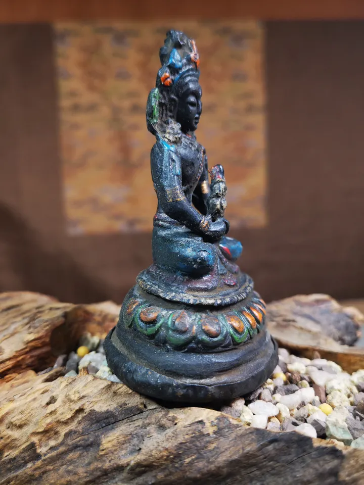 Gandhanra Antique Colored Tibetan Statue,Amitayus,Buddha of Longevity,80 Years Old