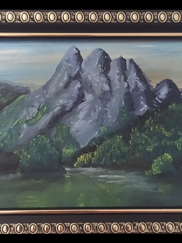 Oil painting "Mountain Lake", miniature, about 4*6 inches (10*15 cm)