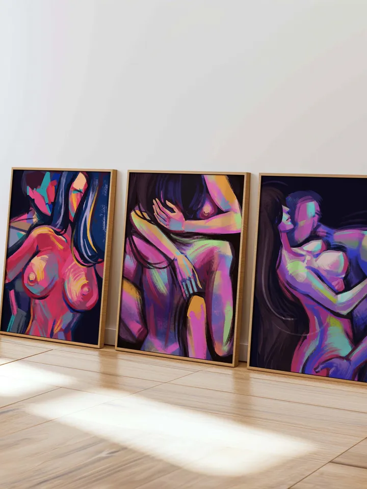Colorful Abstract Couple Art, Intimacy Art, Modern Wall Decor, Vibrant Love Art, Home Office Decor, Digital Download Poster, Set of 3 Art