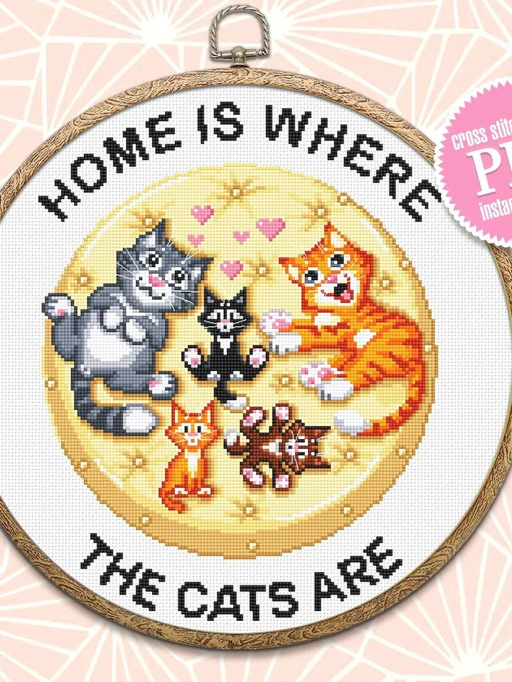 Cat cross stitch pattern download PDF Home is where the cats are, Cat quotes cross stitch chart, Cute kittens embroidery Cat lover gift #K4