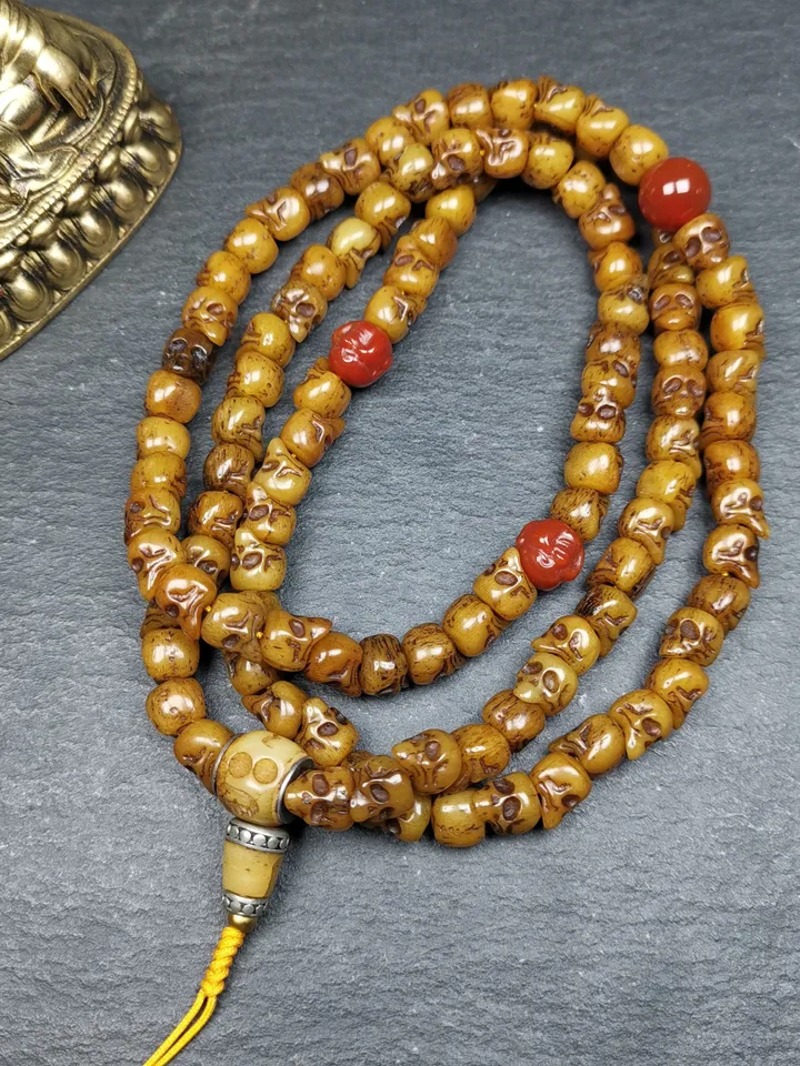 Gandhanra Old Tibetan Yak Bone Kapala Mala,108 Citipati Skull Shape Prayer Beads for Meditation and Prayer,16 Inches Length