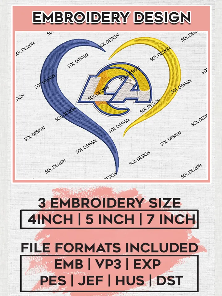Los Angeles Rams Heart Embroidery Designs, NFL Rams, NFL Embroidery Designs, NFL Los Angeles Rams Machine Embroidery Design, Digital Download