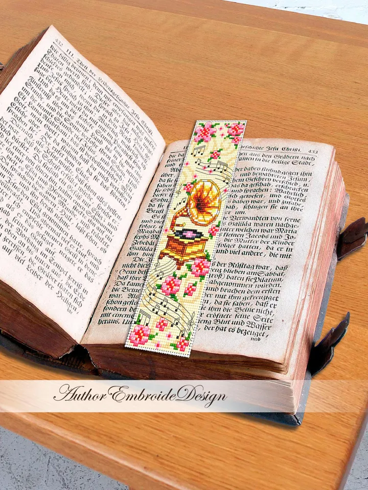 Music bookmark cross stitch pattern PDF instant download Vintage gramophone cross stitch chart, Flower bookmark pattern digital PDF #B411