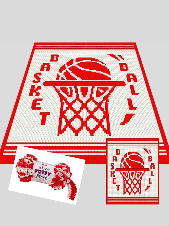 Loop yarn Finger knitted Basketball Themed blanket pattern