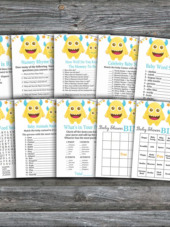 Monster baby shower games bundle,Monster Baby Shower games package,Fun Baby Shower Games,9 Printable Games-381