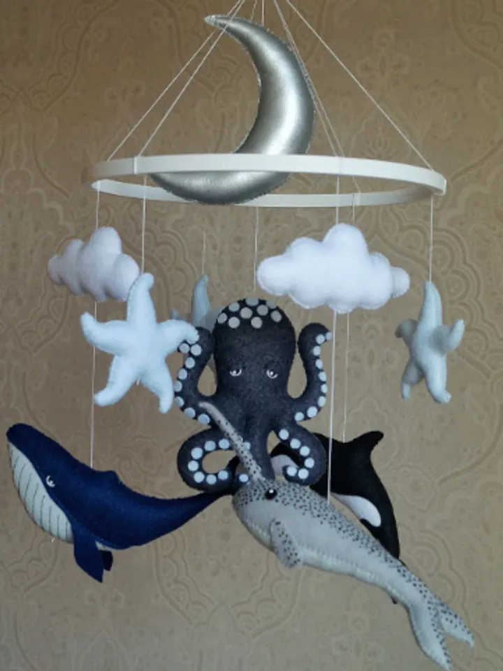 Baby mobile with whales for ocean nursery. Ocean octopus, narwhal, orca and whale for decor nautical nursery.