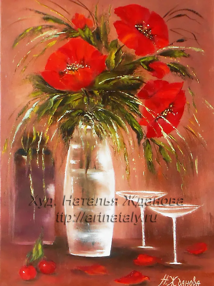 Flowers oil painting on canvas, Poppies painting wall art