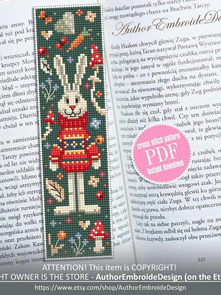 Animal bookmark cross stitch pattern PDF download Scandinavian folk rabbit cross stitch chart, Autumn bookmark pattern digital PDF #B428