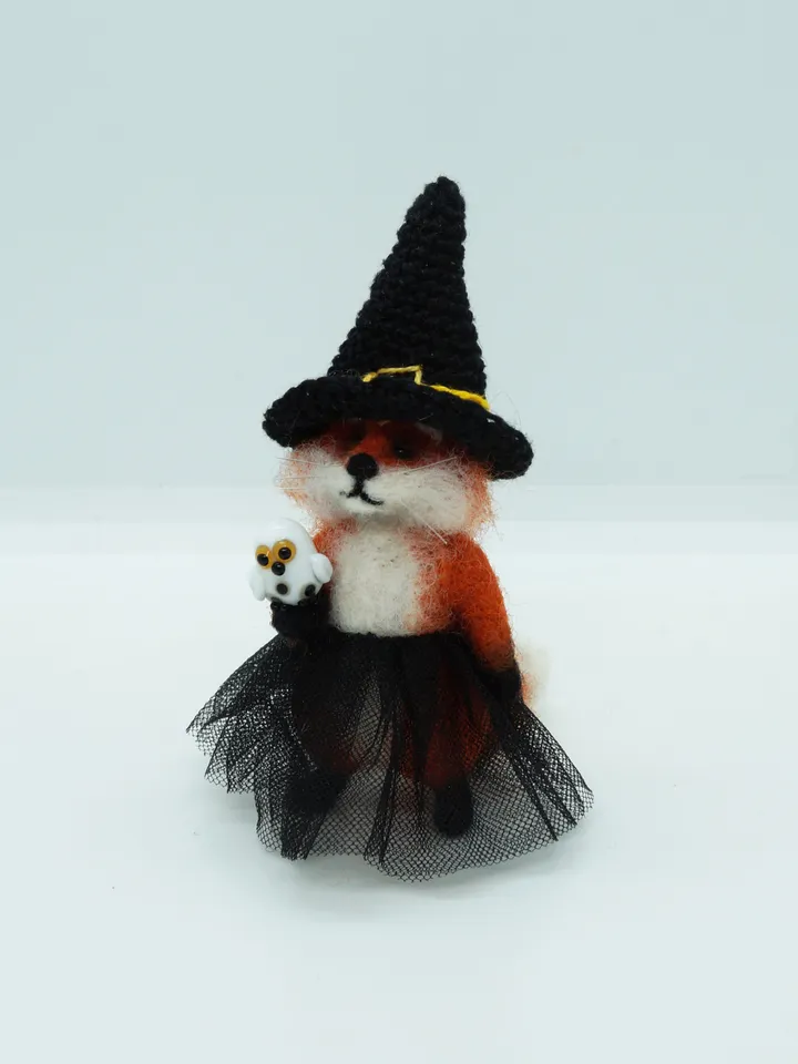 Glinda the fox, miniature needle felted fox in a witch outfit, ships from the US